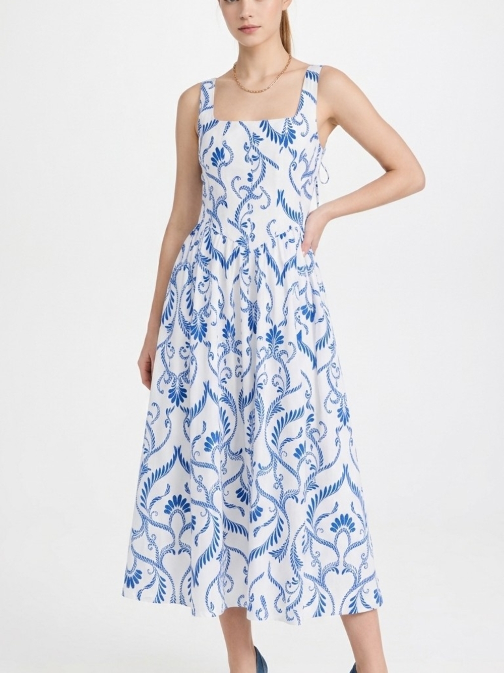 7 For All Mankind White and Blue Floral-Print Square-Neck Midi Dress